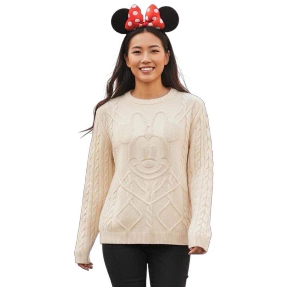 Disney Minnie Mouse Cable Knit Sweater Cardigan XL Cream Cozy Cabincore